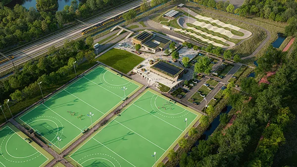 Artist impression vogelvlucht MFA Elsenburg Rijswijk met sportvelden en multifunctionele paviljoens