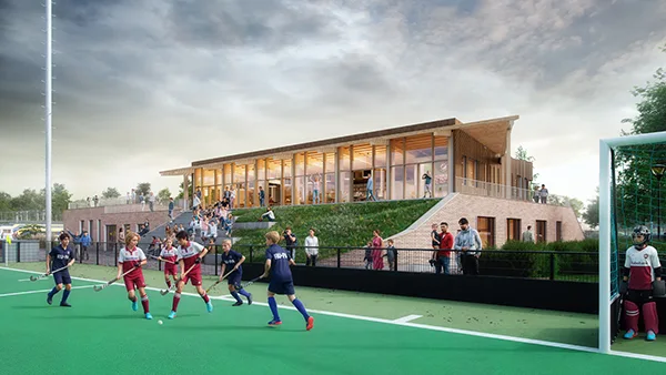 Artist impression MFA Elsenburg Rijswijk met sportveld, spelers en paviljoen met bamboe opbouw