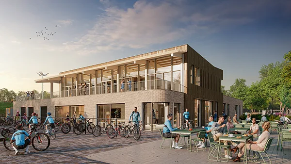 Artist impression MFA Elsenburg Rijswijk met entree, fietsenstalling en gemetselde plint
