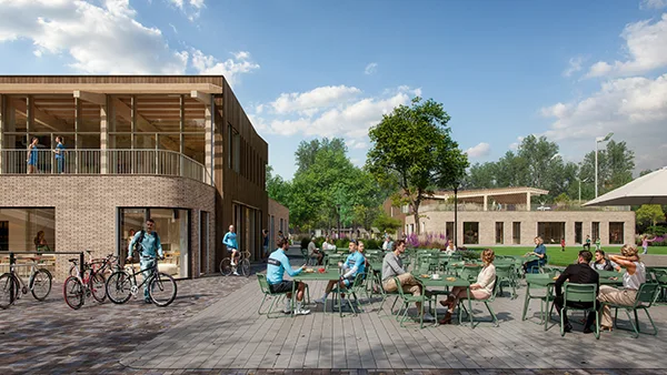 Artist impression MFA Elsenburg Rijswijk met terras, bezoekers en bamboe paviljoen