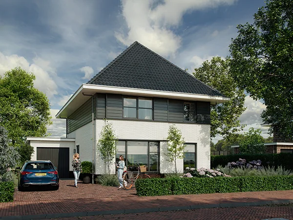 Artist impression vrije kavelwoning Kuin met lichte gevel, donkere kap en voortuin