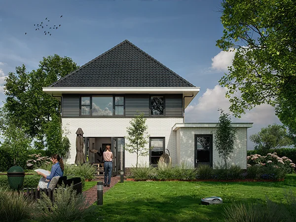 Artist impression achterzijde vrije kavelwoning Kuin met terras, tuin en lichte gevel
