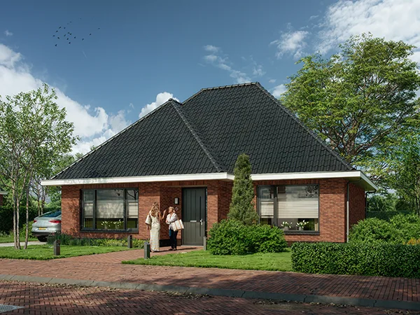 Artist impression vrije kavelwoning Kuin in rode baksteen met donkere kap en voortuin