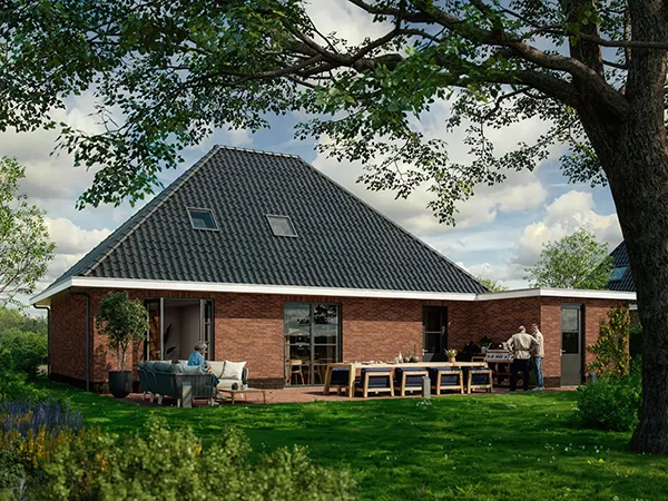 Artist impression achterzijde vrije kavelwoning Kuin in rode baksteen met terras en ruime tuin