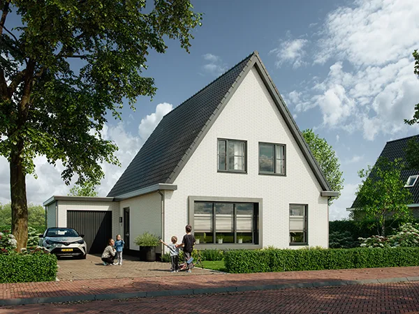 Artist impression vrije kavelwoning Kuin met witte gevel, zadeldak en aangebouwde garage