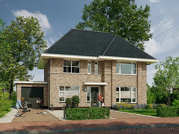Artist impression vrije kavelwoning Kuin in genuanceerde baksteen met voortuin en garage