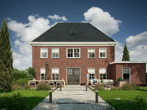 Artist impression statige vrije kavelwoning Kuin in rode baksteen met symmetrische voorgevel