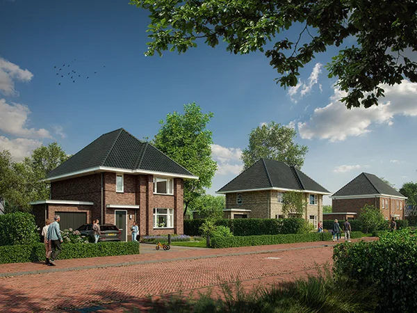 Artist impression vrije kavelwoningen Kuin met meerdere vrijstaande woningen in groene woonomgeving