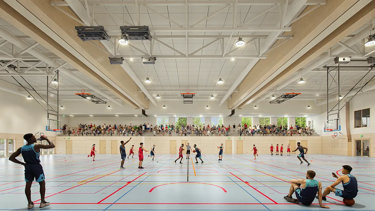 Artist impression van het interieur sporthal